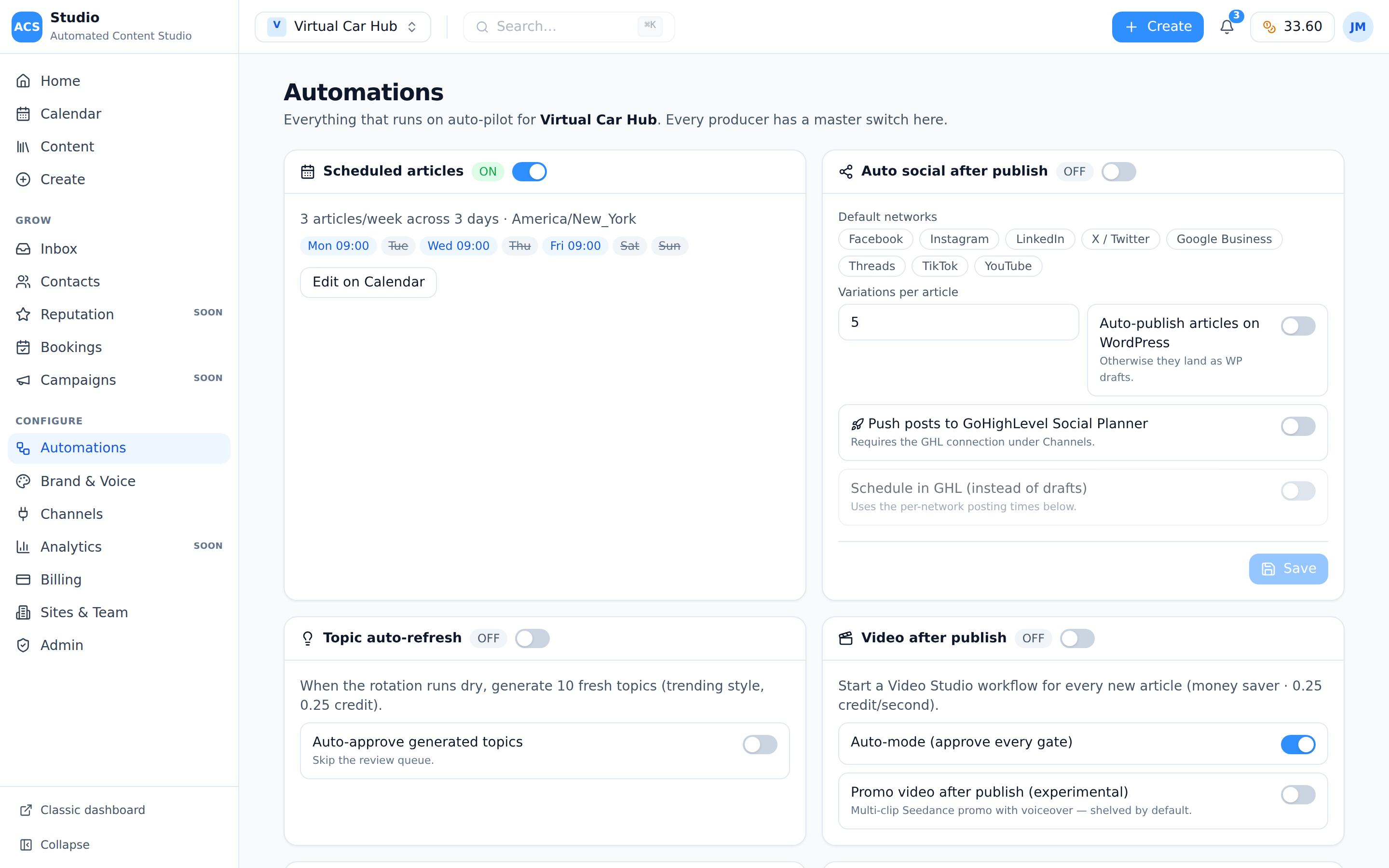 Automations page: scheduled articles, auto social after publish, video after publish, topic auto-refresh