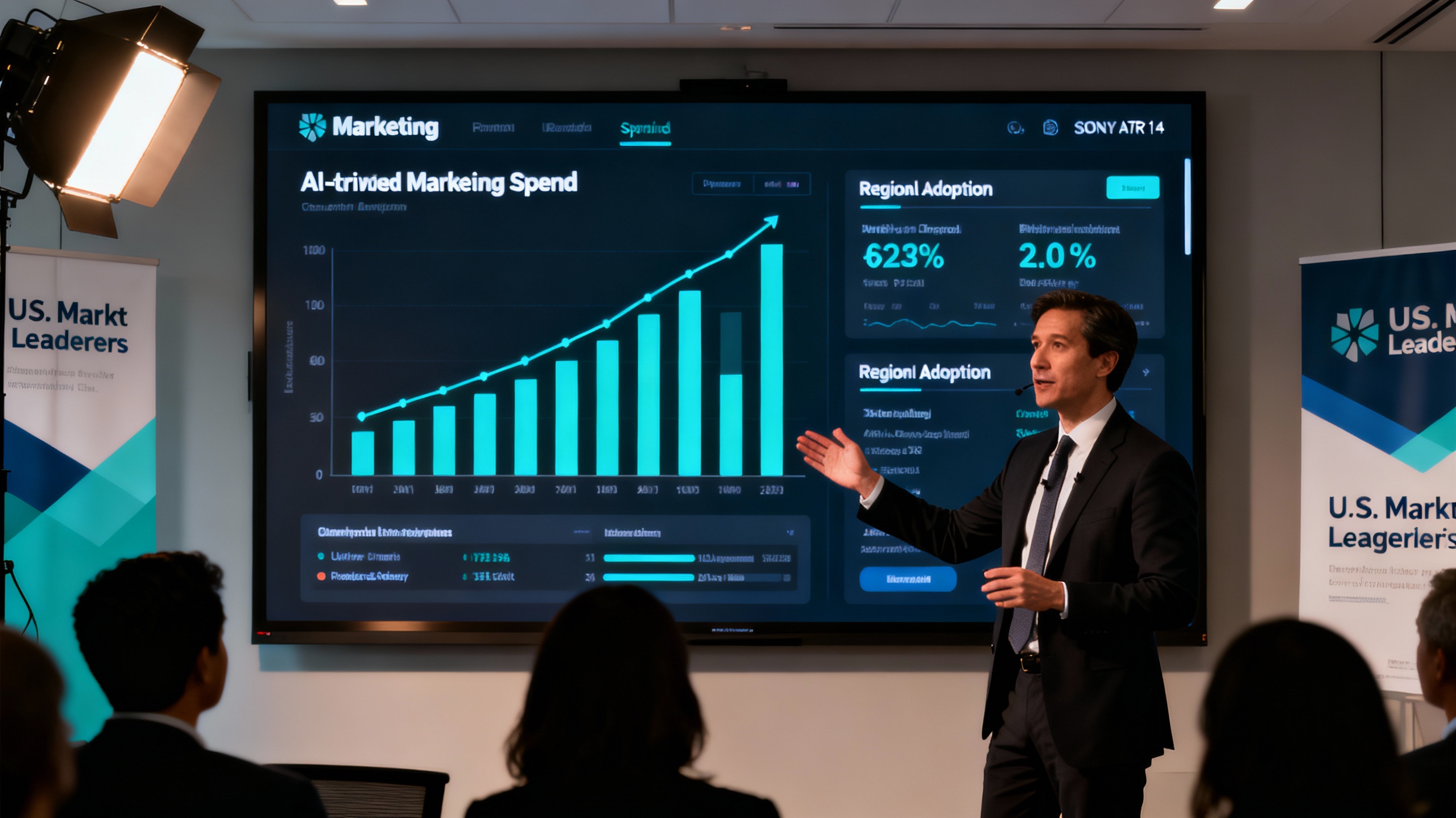 Marketing director demonstrating AI automation spending trends and compliance risks, highlighting AI automation and AI Content Marketing priorities