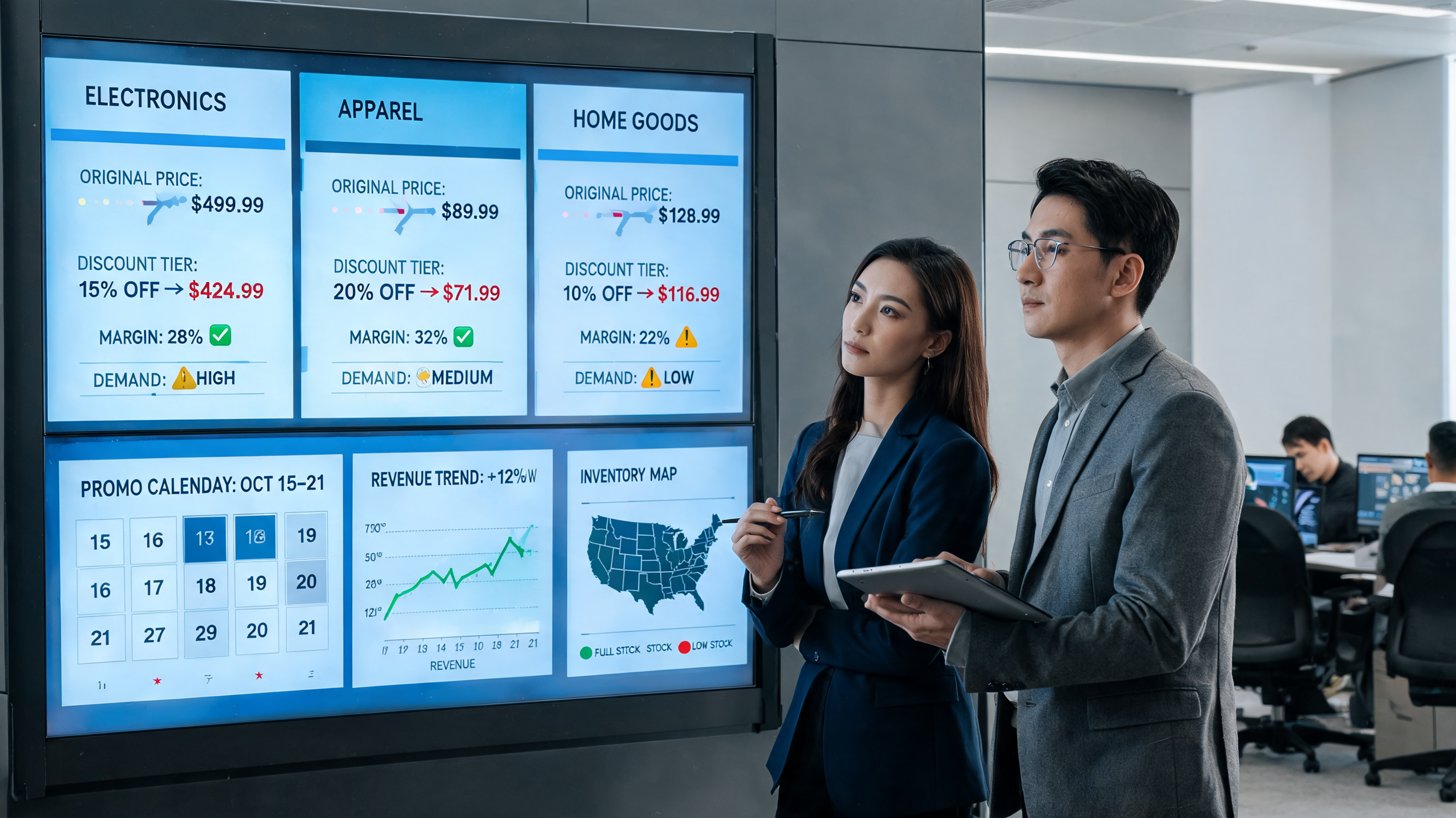 Retail team analyzing dynamic pricing and promotional dashboards in a modern office, representing digital marketing automation and marketing automation for margin protection
