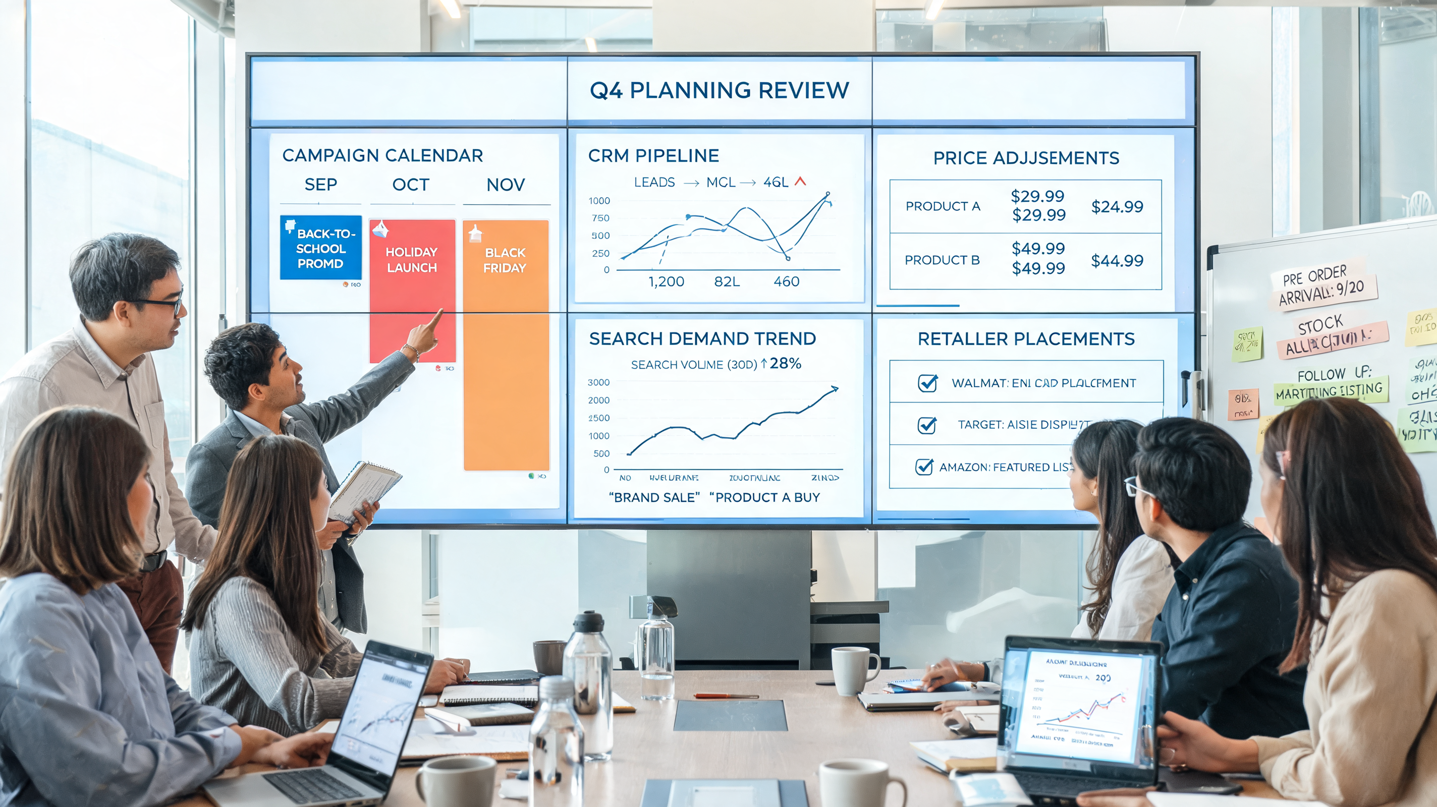 Business team connecting marketing automation and digital marketing automation signals with operations forecasting in a collaborative planning meeting