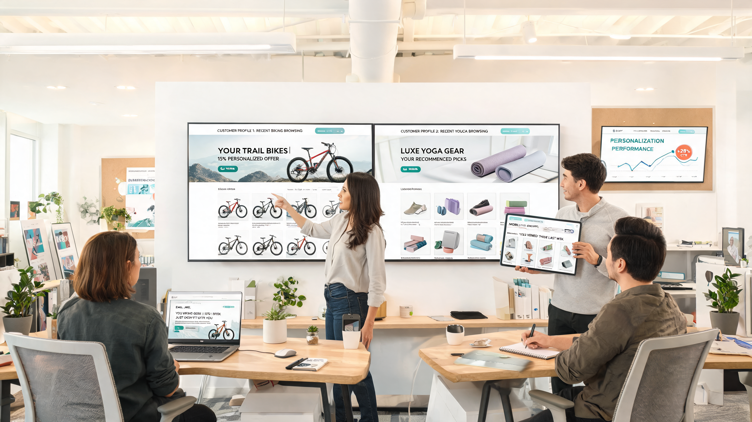 Marketing team reviewing AI-driven personalized website content and email offers, illustrating SEO optimization and content strategy