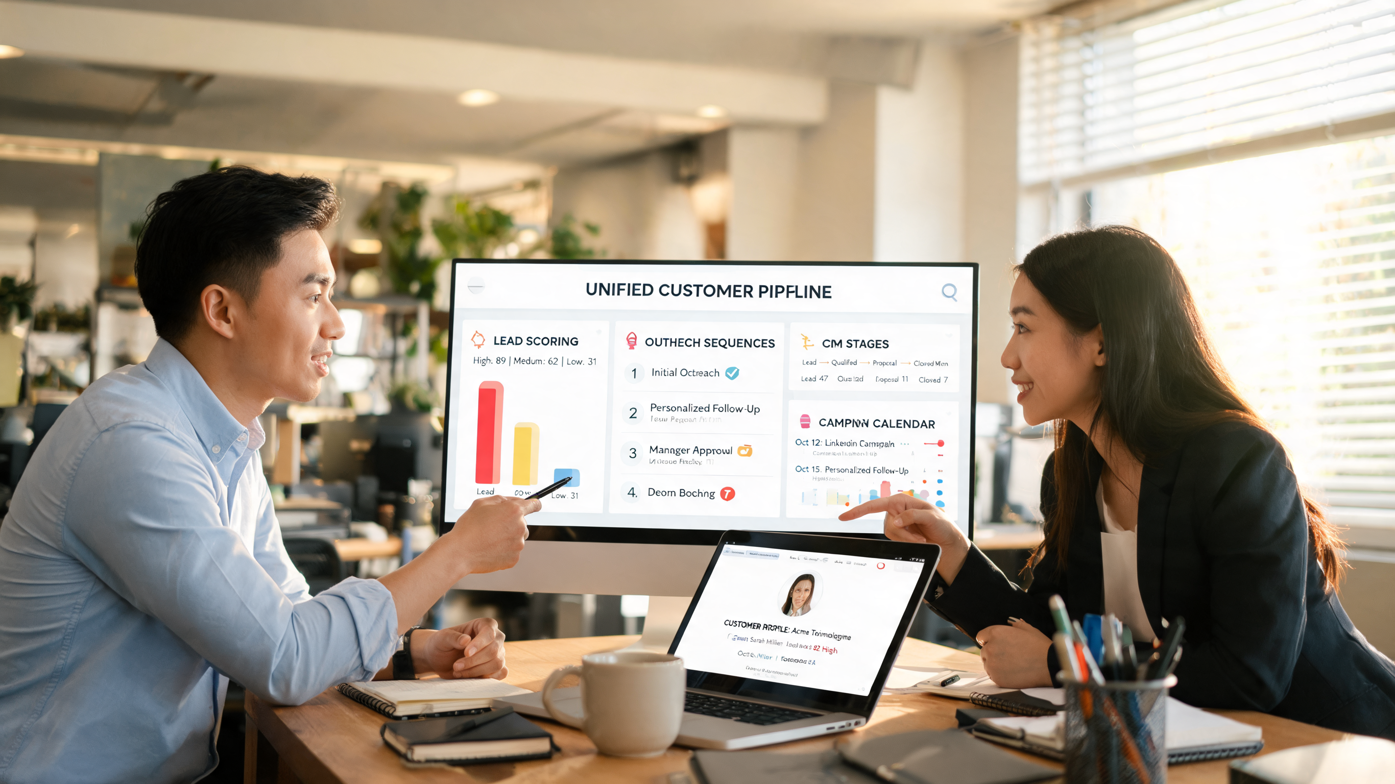 Sales and marketing team aligning pipeline data and outreach plans on a shared dashboard, representing marketing automation and digital marketing automation