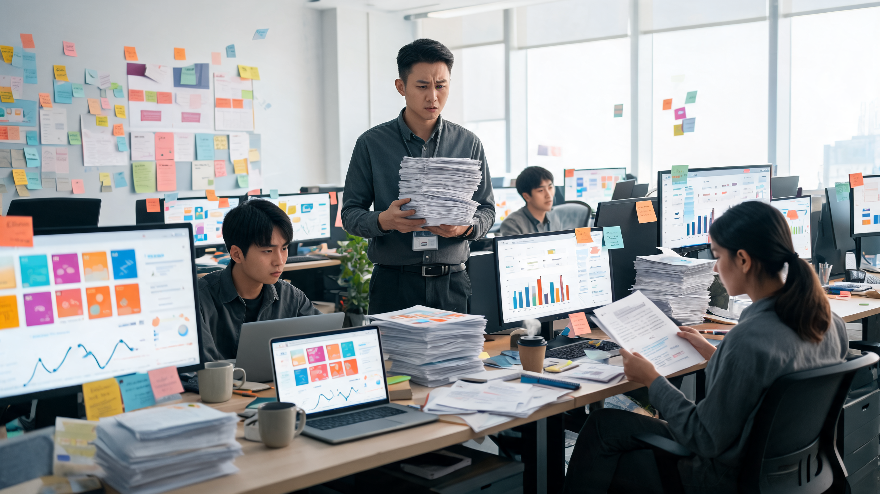 Marketing team surrounded by automated campaign dashboards showing busy content marketing activity without clear profitable growth.