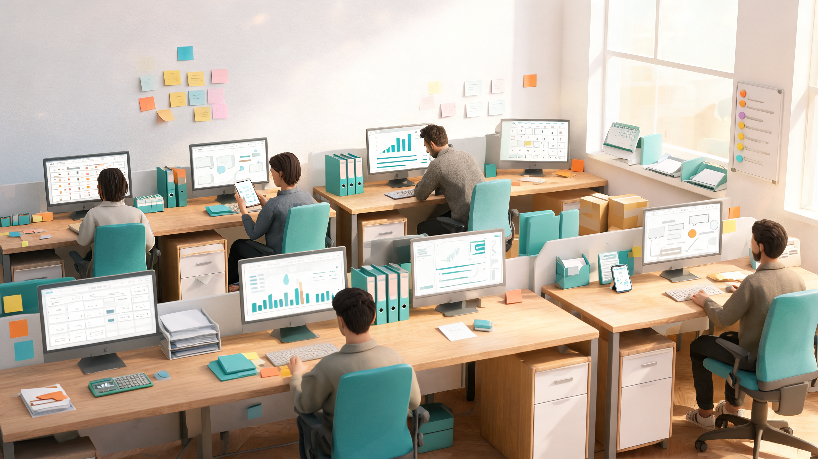 Small business team coordinating digital marketing automation, customer service, scheduling, and social media marketing tasks.