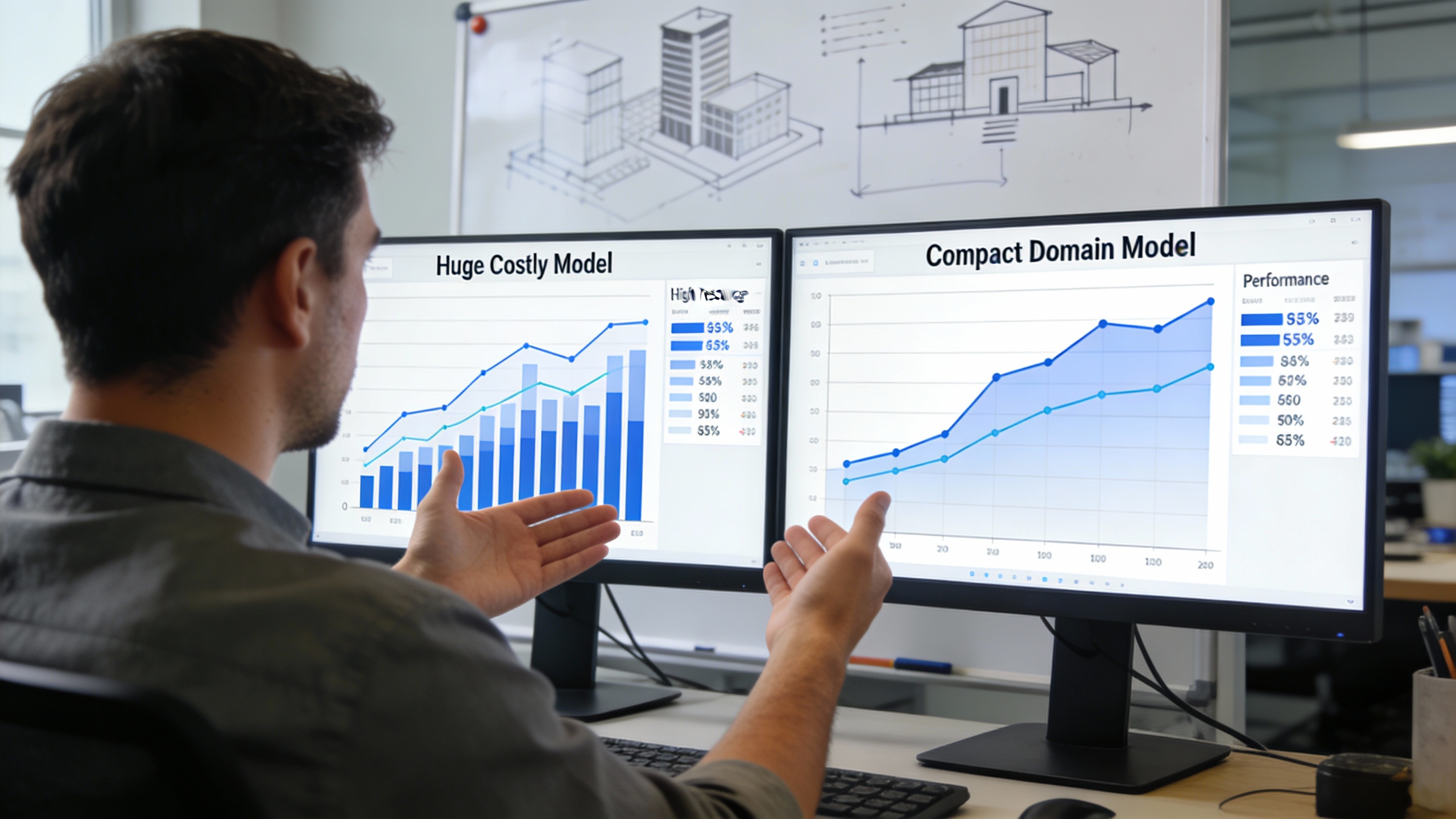 Machine learning architect weighing a large generalist model against a compact domain model in a technical review, Automated Content Studio notes visible