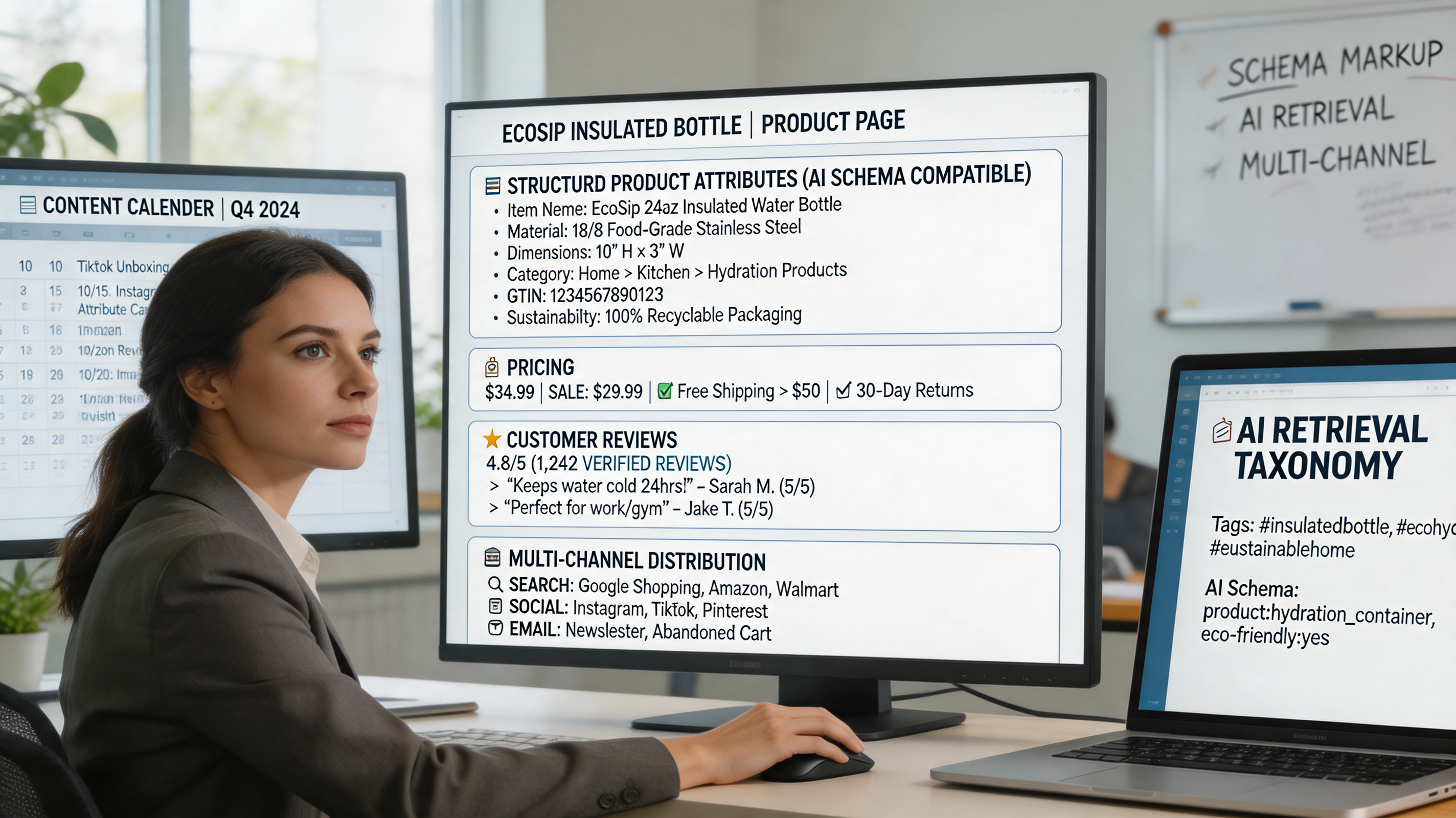 Marketing specialist optimizing product content for human shoppers and AI agents, highlighting SEO optimization, content strategy, and social media marketing