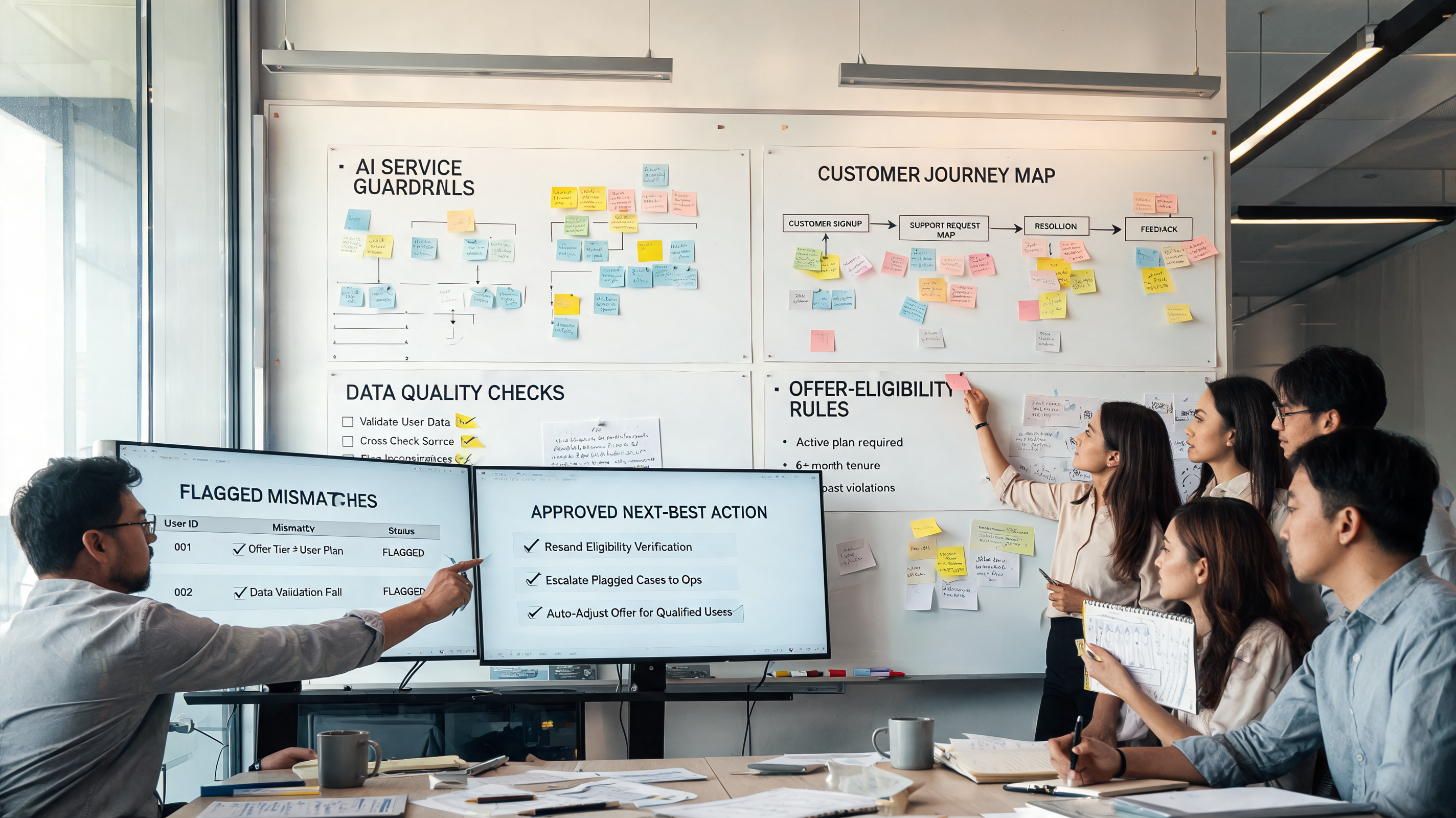 Cross-functional team designing customer-friendly AI workflows and guardrails, highlighting content strategy and marketing automation in a modern office