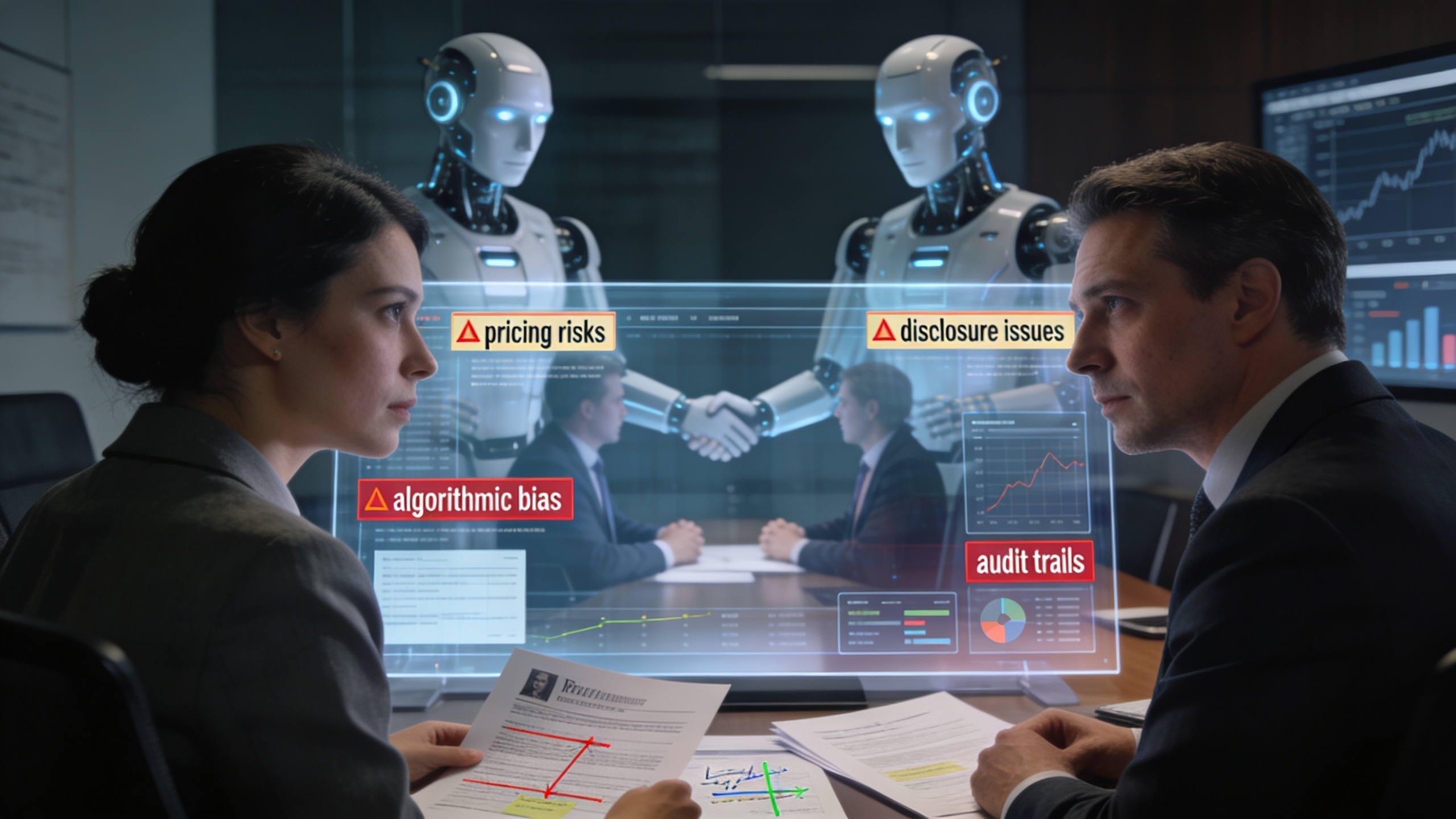 Compliance team monitoring AI negotiation dashboards and legal alerts, showing content marketing and social media marketing risks in automated commerce