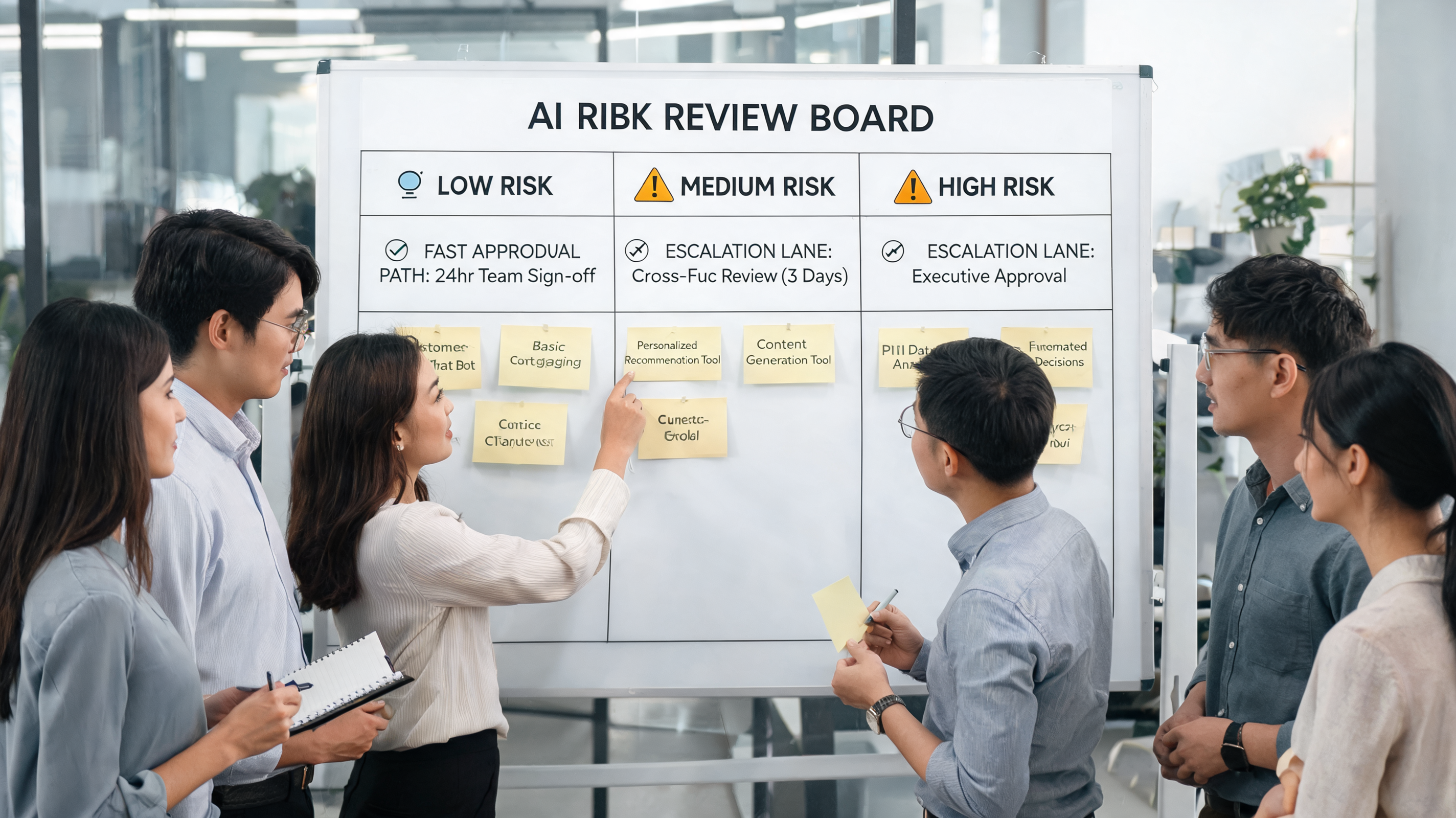 Cross-functional team building a fast marketing automation governance framework for blog automation in a modern office