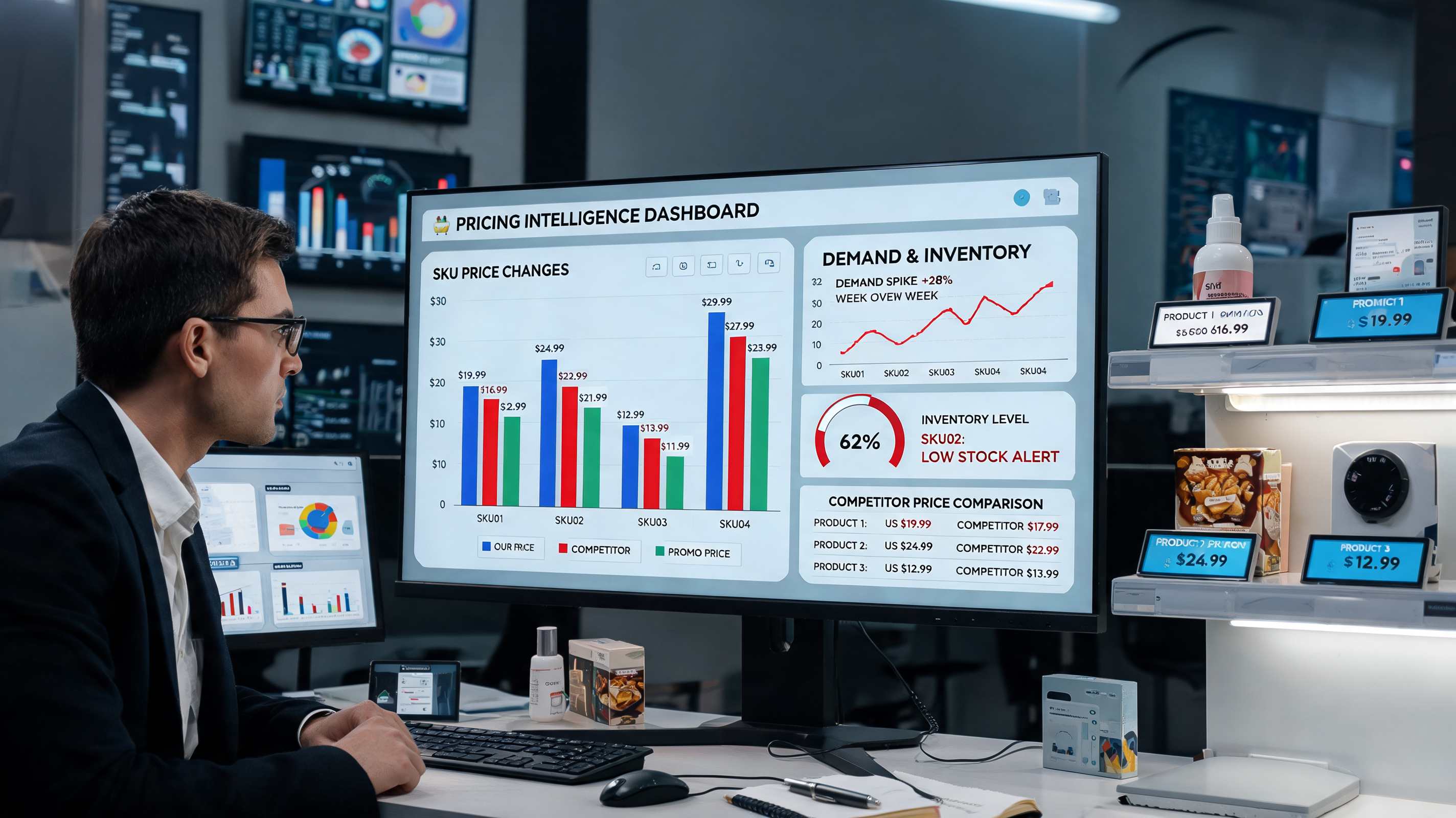 Retail analyst adjusting AI-based pricing and promotions dashboard, supporting SEO optimization around digital commerce strategy