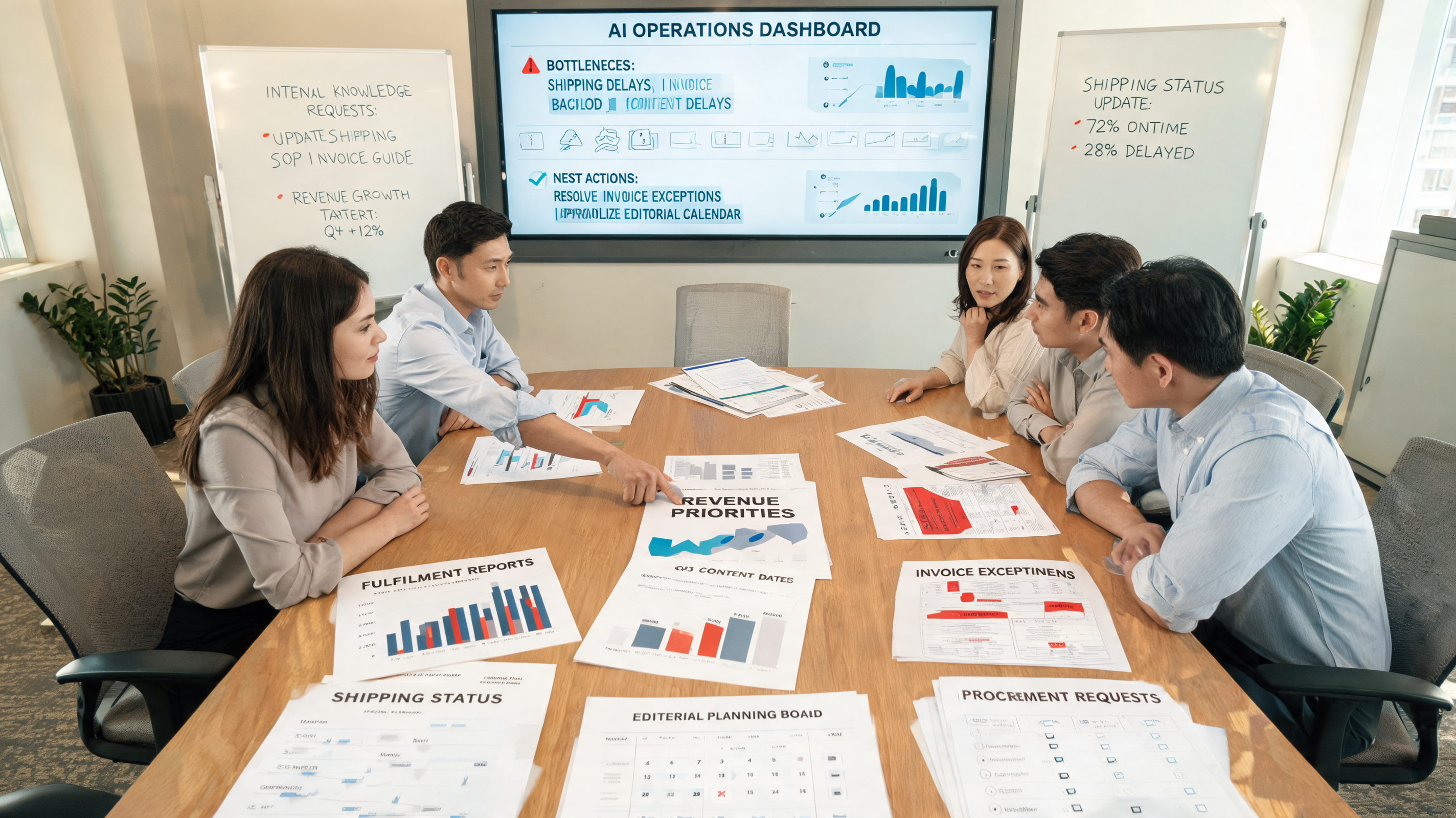 Leadership team prioritizing workflow fixes and planning content strategy around AI-driven operations in a corporate office