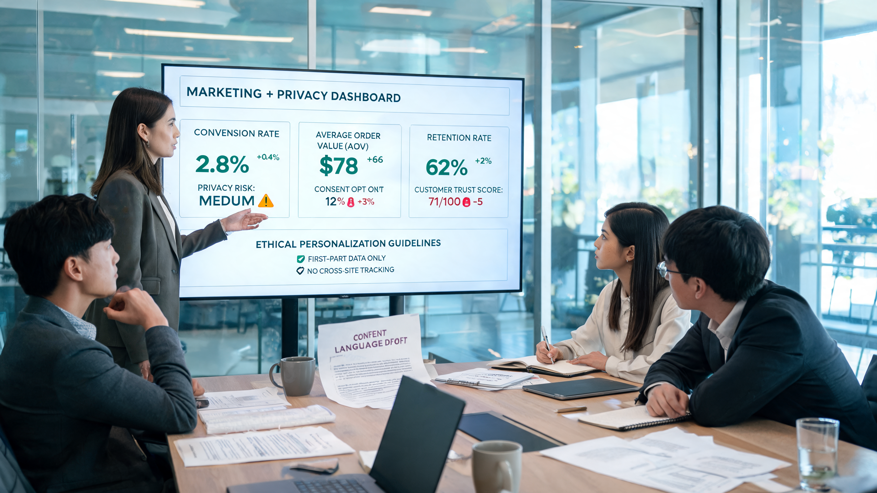 Marketing team reviewing conversion metrics and customer trust safeguards in a conference room, focused on social media marketing and responsible marketing automation
